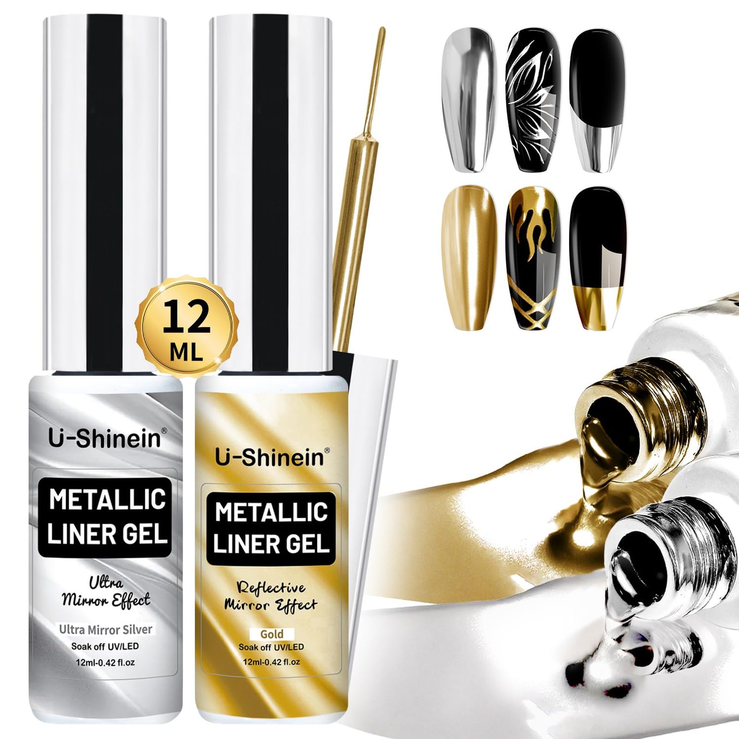 U-Shinein 2x12ml Metallic Mirror Nail Polish, Ultra Mirror Silver &amp; Gold Metal Painted Drawing with Thin Brush, Chrome Gel Polish Nail Art Gel Liner Soak Off DIY