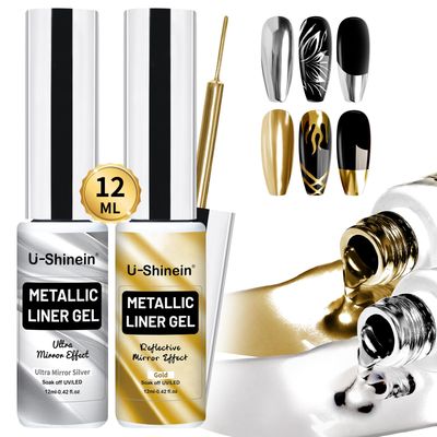 U-Shinein 2x12ml Metallic Mirror Nail Polish, Ultra Mirror Silver &amp; Gold Metal Painted Drawing with Thin Brush, Chrome Gel Polish Nail Art Gel Liner Soak Off DIY