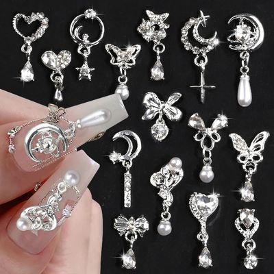 15 Pcs Alloy Metal Silver Heart Bow Nail Rhinestones Y2K Charms, Star Moon Pendant Tassels Pearl Crystals 3D Shiny Butterfly Decorations for Nail Art Supplies