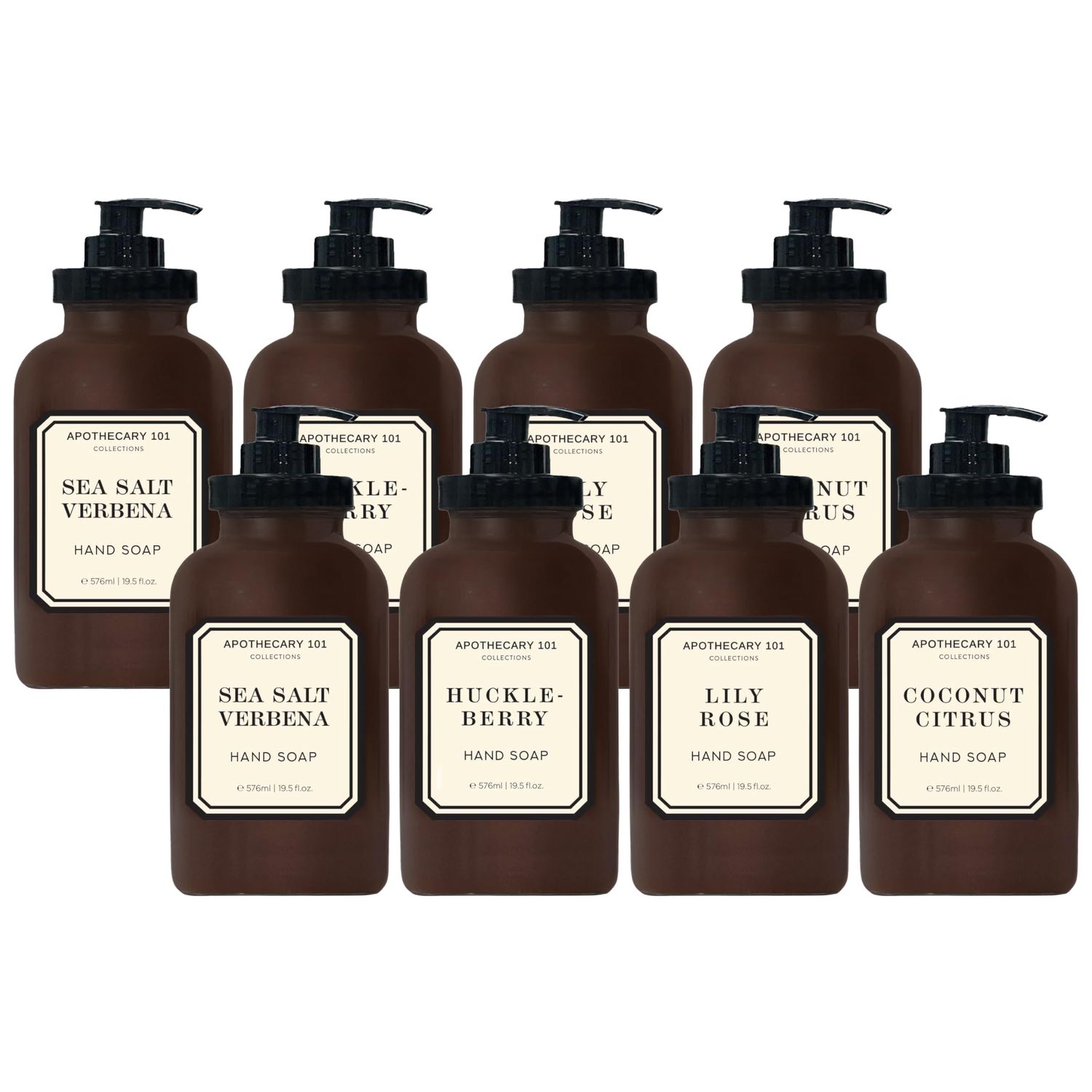 Apothecary 101 Collections | Home and Body Company | 19.5 fl oz Bottles - 8 pack | Sea Salt Verbena, Huckleberry, Lily Rose, Coconut Citrus