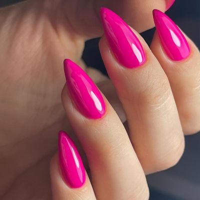 Hot Pink Press on Nails Almond Shaped Nails Press ons, Medium Fake Nails Almond Acrylic Nails Glue on Nail Medium Length False Nail for Women Thick Natural Gel Stiletto 24Pcs