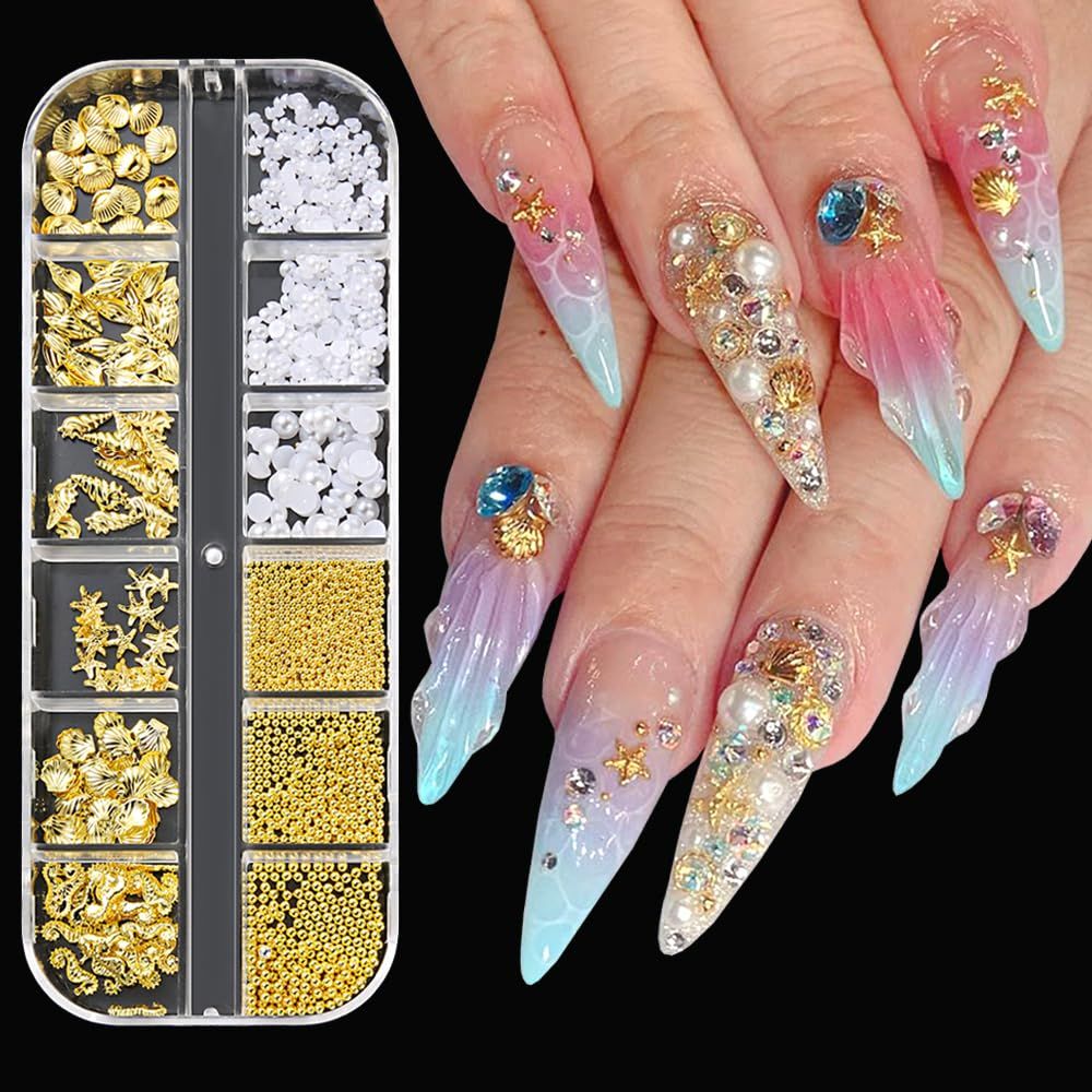 3D Metal Nail Art Studs Mixed Shapes Gold Shell Seahorse Starfish Conch Alloy Nail Rivets with Flatback Pearls Caviar Beads Nail Charms Summer Beach DIY Crafts Manicure Decoration