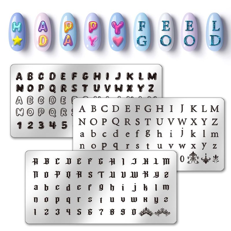 PH PandaHall 3pcs Letter Number Nail Stamping Plates, 3 Styles Alphabet Nail Stamper Typeface Nail Art Stencils Print Nail Stencils Stainless Steel Nail Image Plate for Nail Art Design Manicure Salon