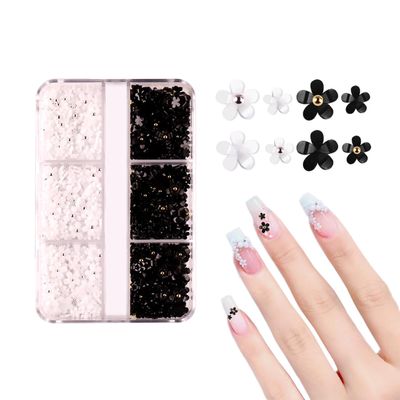 3D Flower Nail Charms,3D Flowers for Nails,More Then 600 Pcs of Mix Colors 3D Acrylic Flower Nail Art Rhinestones for Nail DIY Decorations (Black/White)