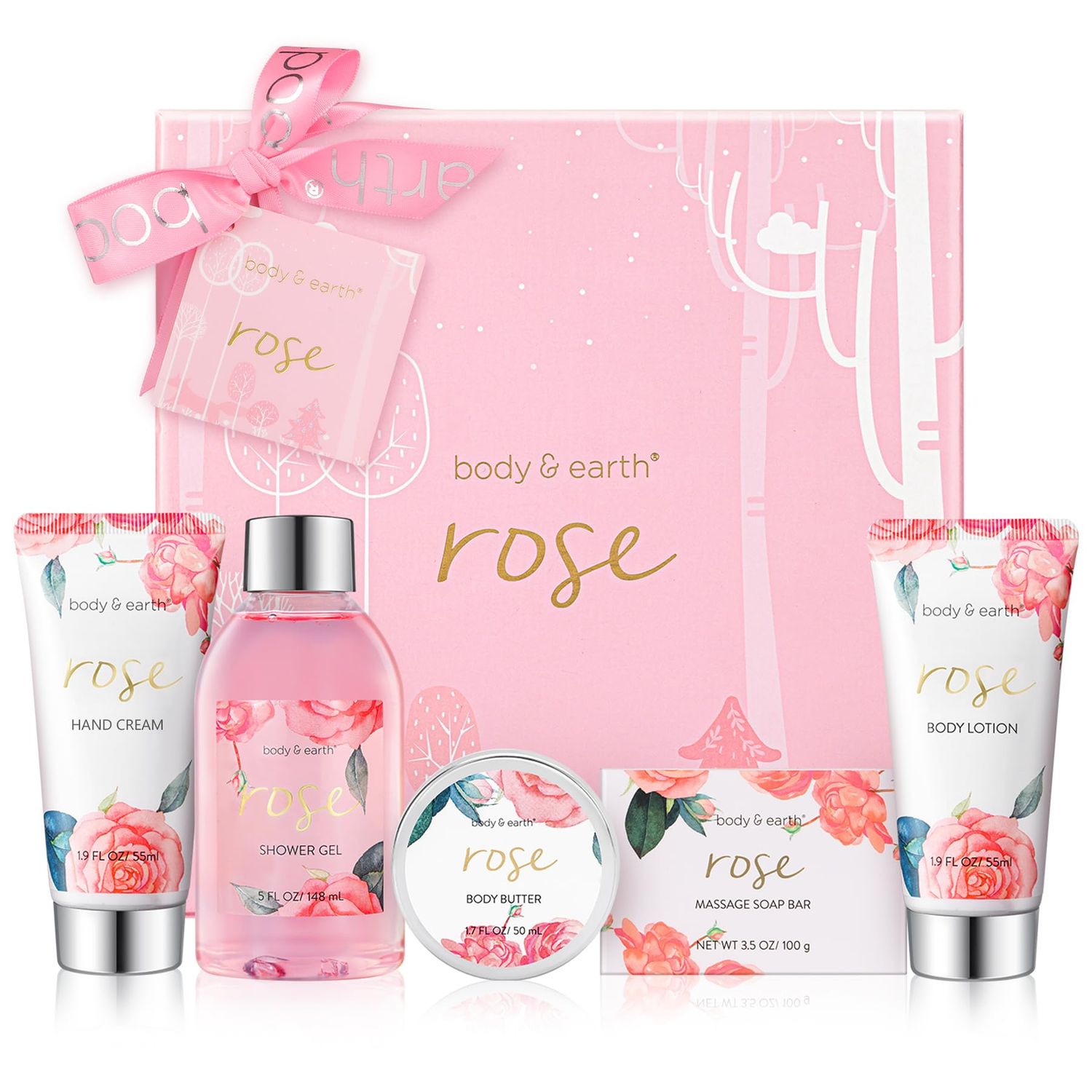 BODY &amp; EARTH Spa Gift Set for Women - Luxurious 5 Pcs Bath and Body Gift Sets with Rose Scent, Spa Gift Box, Bath Set Includes Body Wash, Body Butter, Body Lotion and More, Birthday Gifts for Women