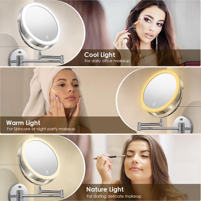 MNIENT Wall Mounted Lighted Makeup Mirror, 8 Rechargeable Double-Sided Light up Magnifying Mirror 1x/10x, 3 Colors Led Vanity Mirror with Lights, Touch Dimmable 360 Rotation Foldable