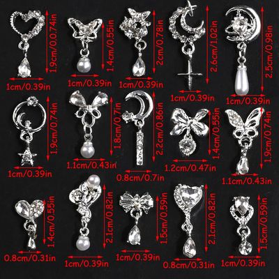 15 Pcs Alloy Metal Silver Heart Bow Nail Rhinestones Y2K Charms, Star Moon Pendant Tassels Pearl Crystals 3D Shiny Butterfly Decorations for Nail Art Supplies