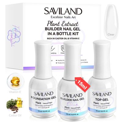 SAVILAND Clear Builder Nail Gel Kit in a Bottle: 3 Pcs 15ml Vitamin E Ingredient Builder Nail Gel Base &amp; Top Gels with Castor Oil Hard Gels for Nails Strengthener Extension Repair Nail Art Home Salon