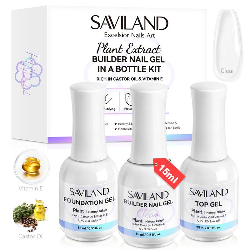 SAVILAND Clear Builder Nail Gel Kit in a Bottle: 3 Pcs 15ml Vitamin E Ingredient Builder Nail Gel Base &amp; Top Gels with Castor Oil Hard Gels for Nails Strengthener Extension Repair Nail Art Home Salon