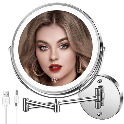 MNIENT Wall Mounted Lighted Makeup Mirror, 8 Rechargeable Double-Sided Light up Magnifying Mirror 1x/10x, 3 Colors Led Vanity Mirror with Lights, Touch Dimmable 360 Rotation Foldable