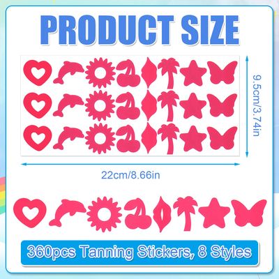 360pcs Tanning Stickers, 8 Styles Sunbathing Sticker Self Adhesive Heart Star Lips Butterfly Cherry Coconut Dolphin Sun Tan Body Tattoo Stickers Decals for Summer Beach Accessories (Rose Red
