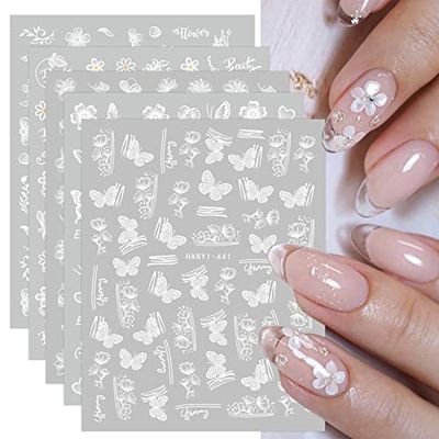 JMEOWIO 12 Sheets Spring White Flower Nail Art Stickers Decals Self-Adhesive Pegatinas Uas Summer Butterfly Leaf Floral Nail Supplies Nail Art Design Decoration Accessories