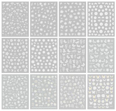JMEOWIO 12 Sheets Spring White Flower Nail Art Stickers Decals Self-Adhesive Pegatinas Uas Summer Butterfly Leaf Floral Nail Supplies Nail Art Design Decoration Accessories