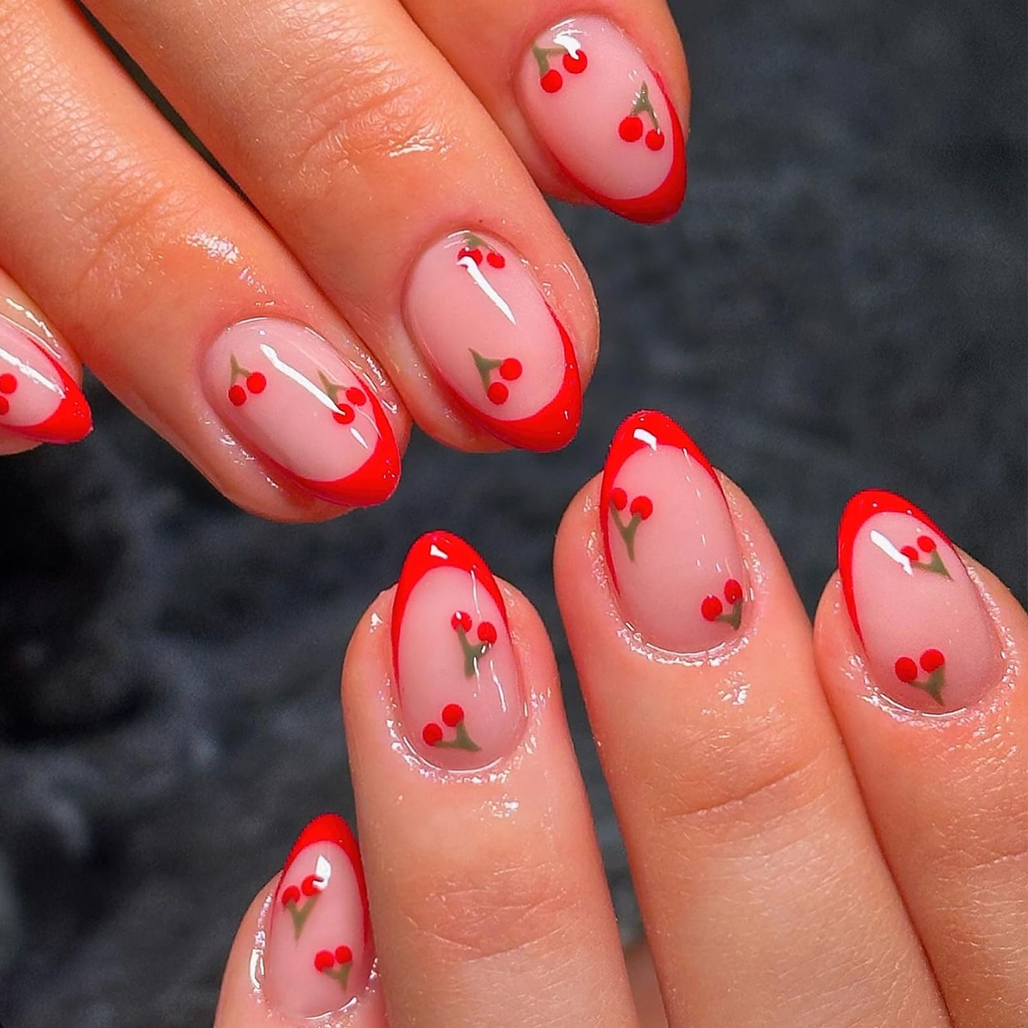ROFIBUT Red French Tip Press on Nails Almond Short Fake Nails Cute Nude Pink Full Cover Glue on Nails with Red Cherry Glossy Artificial Stick on Nails Reusable Acrylic False Nail for Women Girls 24Pcs