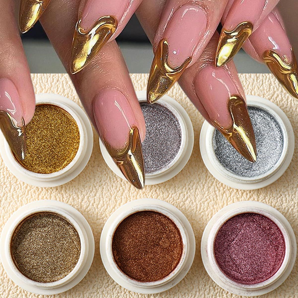 6PCS Chrome Nail Powder Metallic Mirror Pigment Glitter Effect Holographic Powder for Nails, Rose Gold Silver Champagne Rubbing DIY Dust for Nail Designs Decoration Supplies