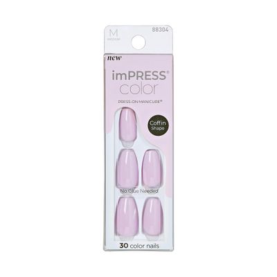 KISS imPRESS Color No Glue Mani 30 Pcs Press On Nails, Light Pink, Lavender, Medium Size, Coffin Shape, Simple Peel &amp; Press Easy Apply, Hassel-Free Removal, Essential Tools Included