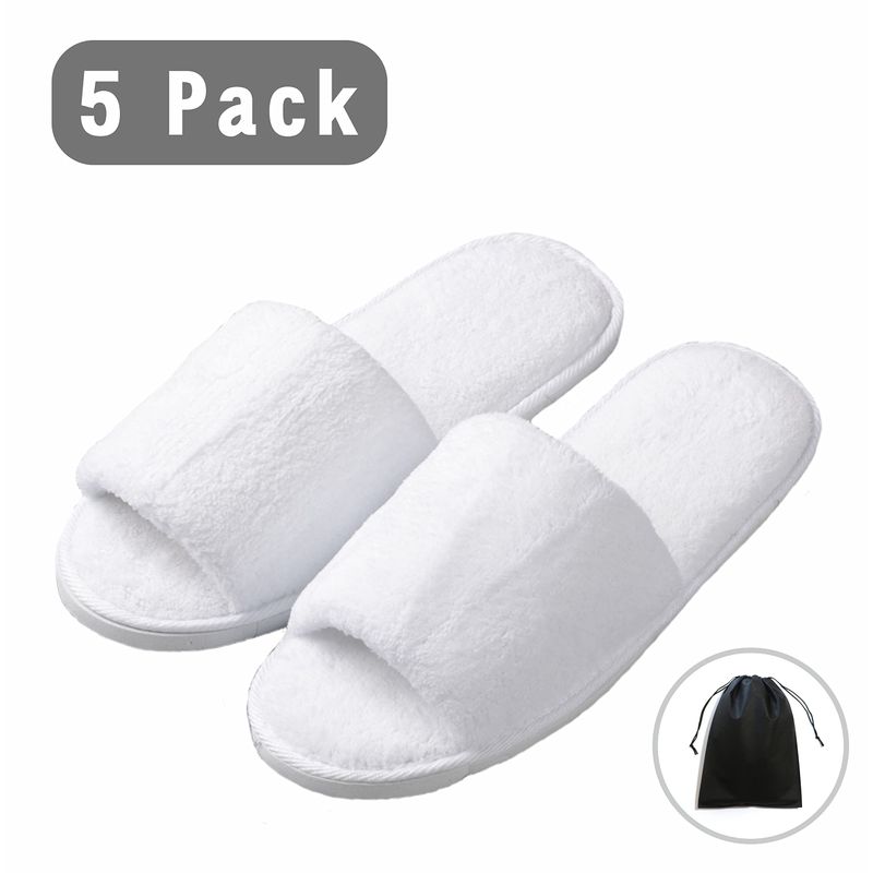 KHC-KHF Spa Slipper 5 Pairs of White Velvet Open Toe Slippers with Travel Bags Slippers Unisex for Guest Women Men for Spa Party Guest Hotel Travel Washable