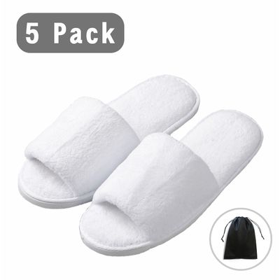 KHC-KHF Spa Slipper 5 Pairs of White Velvet Open Toe Slippers with Travel Bags Slippers Unisex for Guest Women Men for Spa Party Guest Hotel Travel Washable