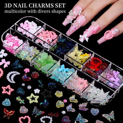 FANDAMEI Nail Charms, Nail Rhinestones Kit with 8 Boxes of Nail Gems, 3D Charms for Nails, Colorful Clear Flatback Rhinestones, Multi Shape Nail Crystals for Craft, Nail Pearls Nail Jewels