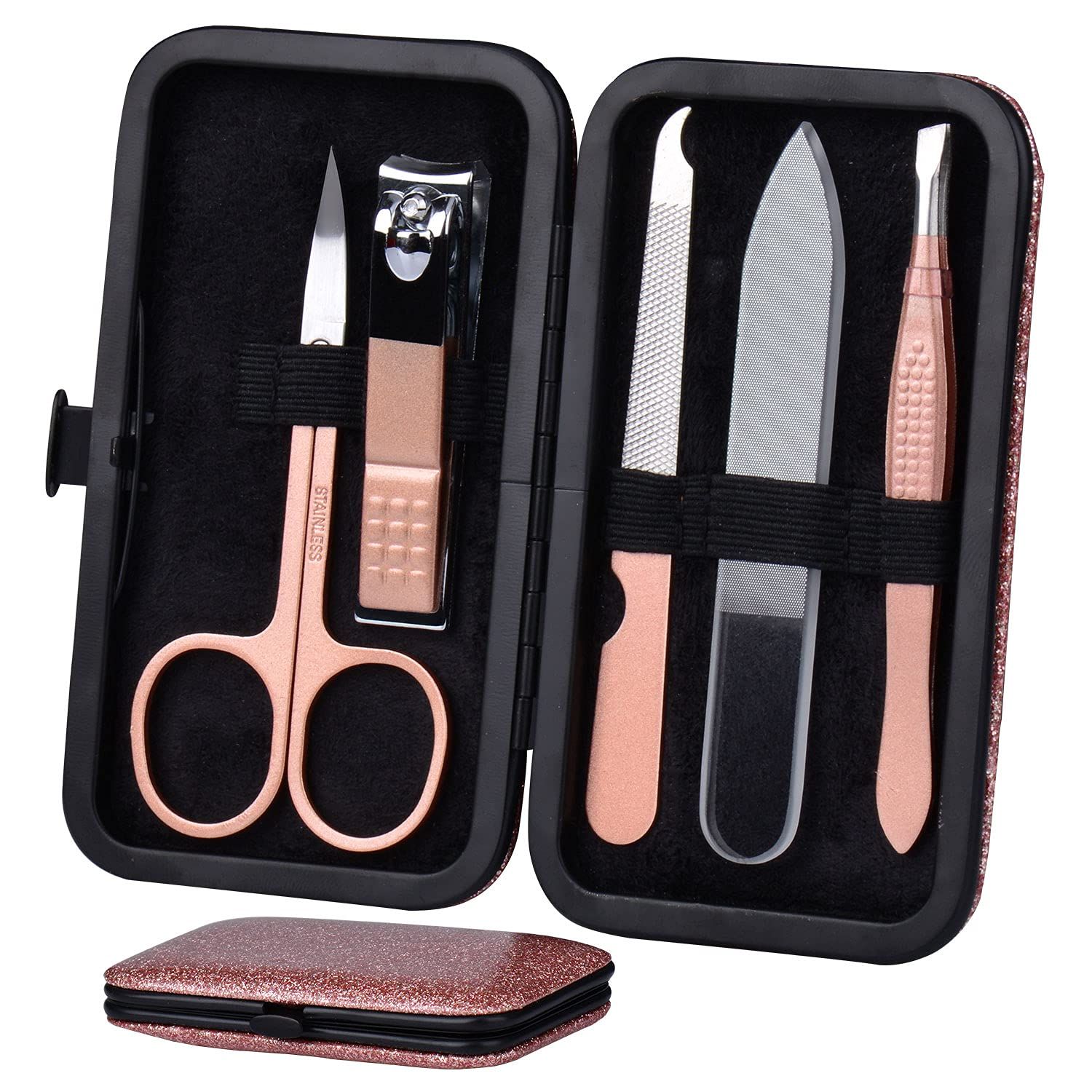 HANTEKAS Manicure Set Nail Clippers Kit 5 Pieces in 1 Stainless Steel Professional Grooming Nail Care Tools Including Nano Glass Nail Shiner Buffer File Gift for Men Husband Boyfriend Parents Women
