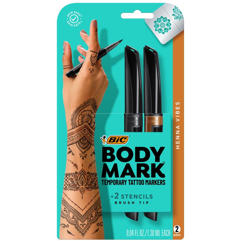 BIC BodyMark Temporary Tattoo Markers for Skin, Henna Vibes, Flexible Brush Tip, 2-Count Pack of Assorted Colors, Skin-Safe, Cosmetic Quality