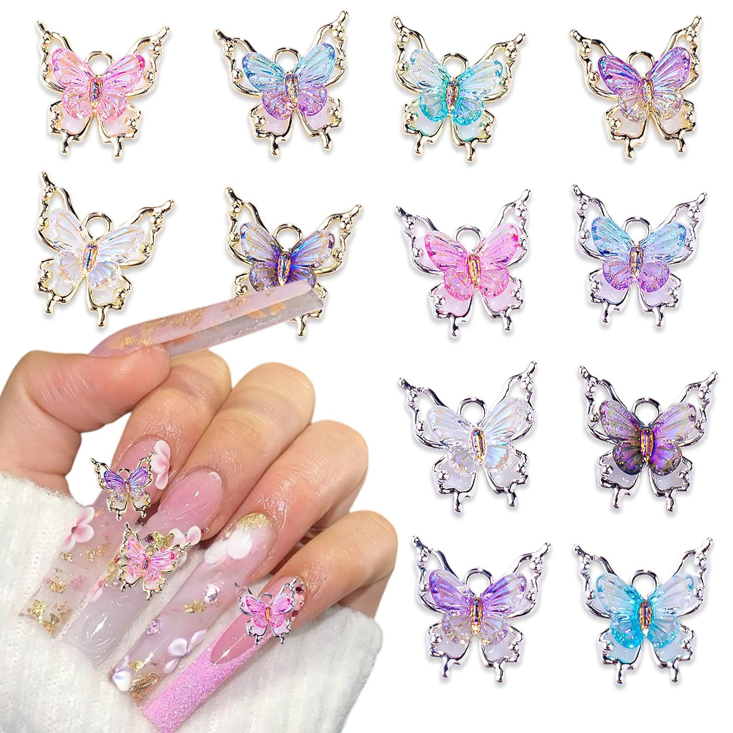 12Pcs 3D Mix Color Aurora Bling Butterfly Nail Charms Gold Silver Rhinestones Jewelry Resin Mold Crafts Design for Women Acrylic Nails