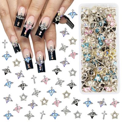 HFKPJRT 40PCS Nail Charms, 3D Cross &amp; Planet Star Rhinestones, Silver &amp; Gold, 0.39 inches, DIY Nail Art Decoration