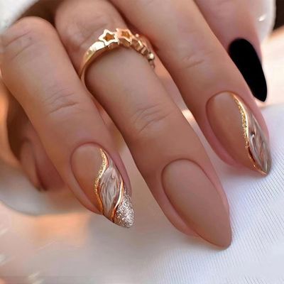 Almond Press on Nails Medium Fake Nails Nude False Nails with Designs Gold Glitter Line Glue on Nails Marble Full Cover Acrylic Nails Brown Matte Stick on Nails for Women 24 Pcs