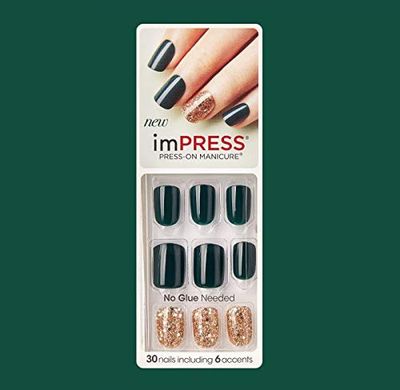 Impress by Kiss (1) Pack - Hunter Green Nails with Gold Glitter &amp; Silver Confetti Accents - Flash Mob 76002