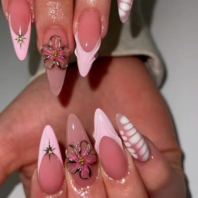 24Pcs Pink Almond Press on Nails Long Fake Nails 3D Handmade Nails Press ons Glue-Free False Nails with 3D Flower and Stripes Design Spring Summer Floral Nails Stiletto Nails Press ons for Women