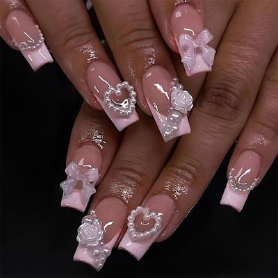 Press on Nails Medium Square Love Heart Pearl False Nails Artificial Acrylic Nails Flower and Bow Tie Design French Fake Nails Full Cover Reusable Coffin Nails Glue on Nails for Women Supplies 24Pcs