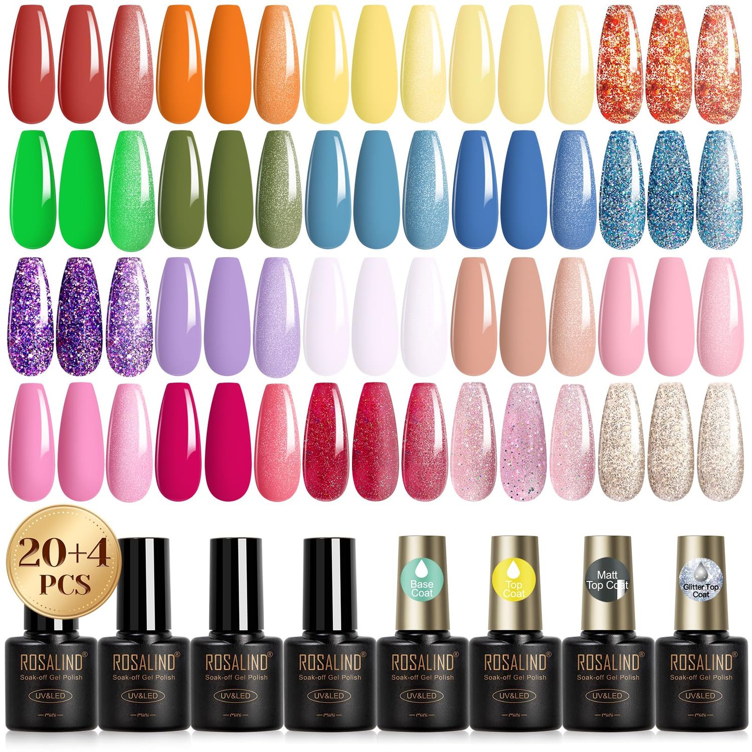 ROSALIND 24PCS Pastel Gel Nail Polish Set with Gel Base and Matte Glossy Glitter Top Coat,Gel Polish Colors Sparkle Rainbow Light Colors Gel Polish Set Salon DIY
