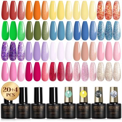 ROSALIND 24PCS Pastel Gel Nail Polish Set with Gel Base and Matte Glossy Glitter Top Coat,Gel Polish Colors Sparkle Rainbow Light Colors Gel Polish Set Salon DIY