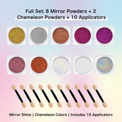 Creaglam Chrome Nail Powder Kit: 10 Jars 8 Colors Metallic Mirror Effect 2 Colors Holographic Aurora Chameleon Nail Art - 1g/Jar Silver Pink Gold Purple Chrome Powder for Nails