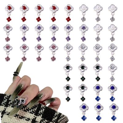 35 Pcs Multi-Color Four Leaf Clover Rhinestone Fringed Nail Charms, Accessories With Pendant, Art Supplies for Women, Jewelry