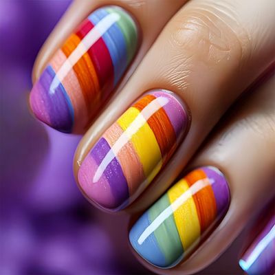 Rainbow Press on Nails Medium Square Fake Nails with Colorful Stripes Design Summer Glue on Nails Glossy Acrylic False Nails Cute Nails Press ons Full Cover Stick on Nails for Women 24Pcs