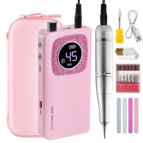 45000RPM Professional Portable Nail Drill Electric File with Pink diamond Rechargeable Nail E File Machine with Bits &amp; Clean for Acrylic Nails Remove Nail Gel Polish Manicure, Cordless