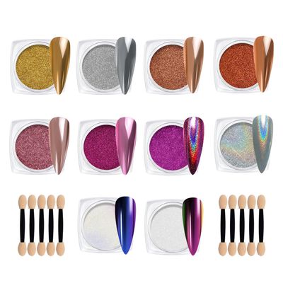 Creaglam Chrome Nail Powder Kit: 10 Jars 8 Colors Metallic Mirror Effect 2 Colors Holographic Aurora Chameleon Nail Art - 1g/Jar Silver Pink Gold Purple Chrome Powder for Nails