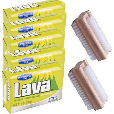 SPARKLEN. Lava Hand Cleaner Heavy-Duty Pumice (Professional Line) soap with Moisturizers, 5-bars 4 OZ each and 2 Wooden Nail Brushes