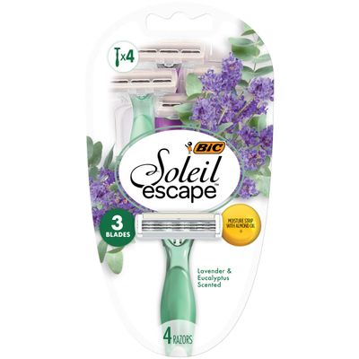 BIC Soleil Escape Scented Womens Disposable Razors, 3 Blades, Comfortable Shave, Lavender &amp; Eucalyptus Scented Handle Shaving Razors for Women, 4 Count