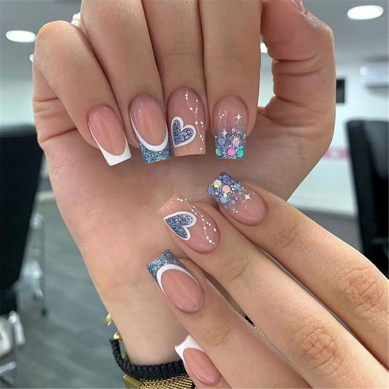 Tejecu Press on Nails Medium Square Coffin Fake Nails with Glue on Nails Pink with Blue Heart False Nails for Valentines Day Stick On Nails For Women in 12 Sizes And 24pcs Acrylic Nail set