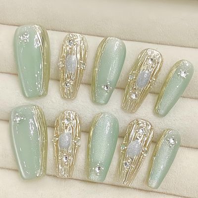 3D Handmade Press On Nails-Handmade Acrylic Press On Nails-Light Green Hand Made Press On Nails for Women-Medium Length Handmade Nails Press On-Handmade Acrylic Press On Nails(Light Green 10Pcs)