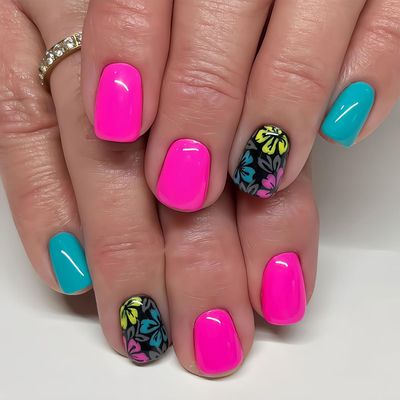 Short Square Press on Nails Pink Fake Nails Colorful Flowers Stick on Nails Solid Color False Nails Glossy Glue on Nails with Design Cute Acrylic Nails Full Cover Artificial Nails for Women Girl 24Pcs