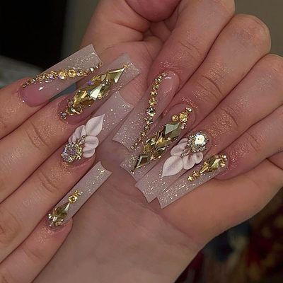 QQPPOLIU Press on Nails, Square Nails with Flower and Rhinestones Design, Perfect for Prom/Party/Holiday, Gift for Women (Khaki)