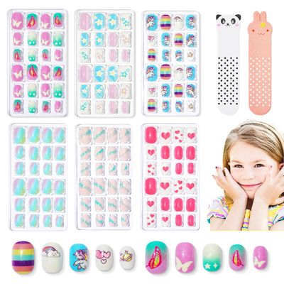 Modelones Press on Nails for Kids 144Pcs 6 Pack Children Acrylic Fake Nails Pre-glue Full Cover Glitter Gradient Color Starts Unicorn Butterfly False Nail Kits Sets Easter Gifts for Kids Girls
