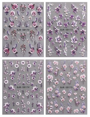 JMEOWIO 3D Embossed Flower Nail Art Stickers Decals Self-Adhesive 5D Spring Summer Floral Nail Supplies Nail Art Design Decoration Accessories 4 Sheets
