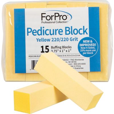 ForPro Professional Collection Yellow Pedicure Block, 220/220 Grit, Three-Sided Pedicure Nail Buffer, 3.75L x 1W x 1H, Yellow, 15-Count
