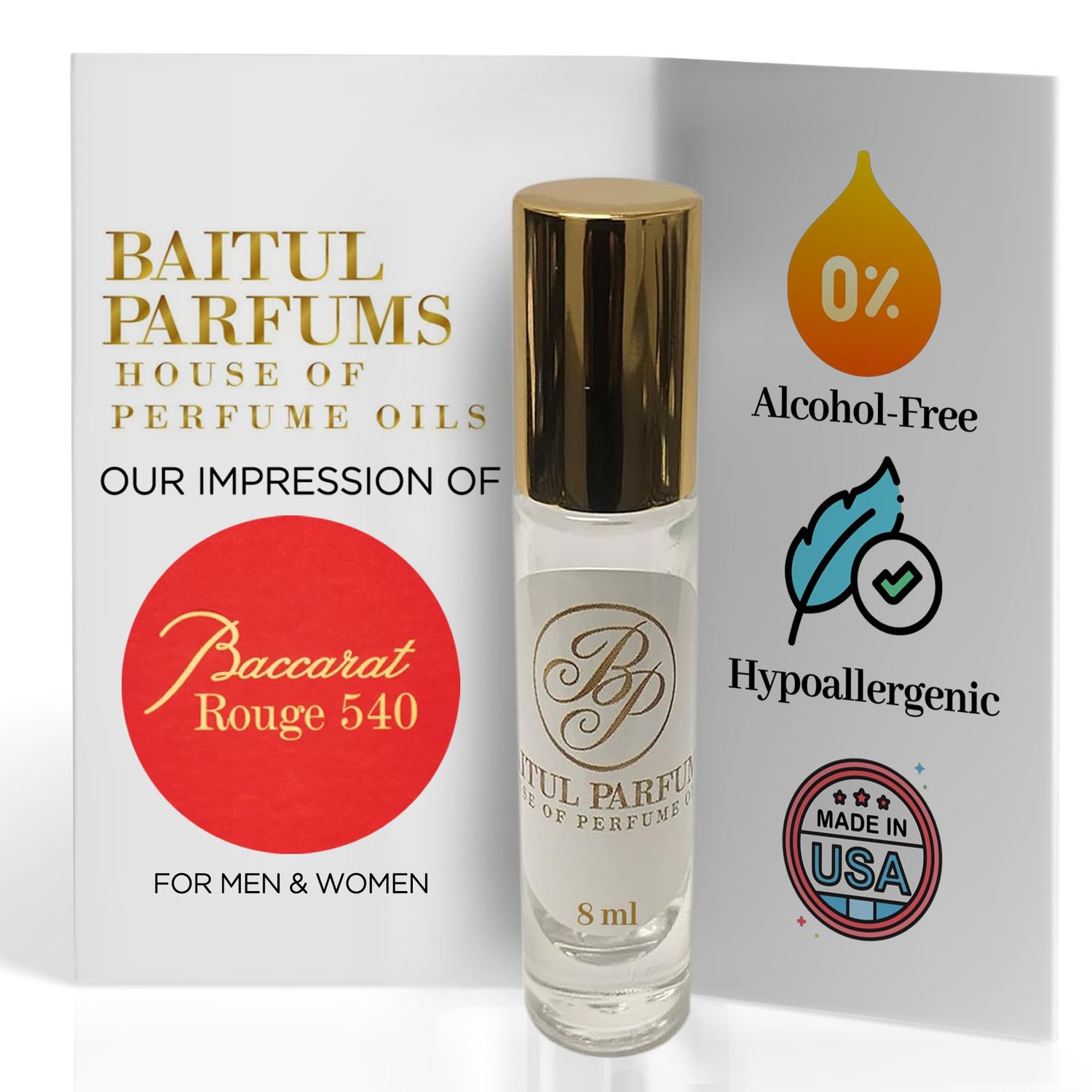 ASMARKET Comparable to Rouge 540 of Bacarrat Alcohol-Free Perfume Oil - Long Lasting Fragrance for Men &amp; Women, 98 True-to-Scent, Clean Perfume, Travel Size Roll-On Glass Bottle - 8ml, Floral, Sweet