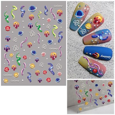 IDDFEVE 5D Embossed Space Nail Art Stickers, 5D Galaxy Planet Jelly Nail Decals, Solar System Earth Moon Saturn Moon Design for DIY Puffy Cartoon Nail Supplies Decoration (2 Sheets)