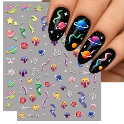 IDDFEVE 5D Embossed Space Nail Art Stickers, 5D Galaxy Planet Jelly Nail Decals, Solar System Earth Moon Saturn Moon Design for DIY Puffy Cartoon Nail Supplies Decoration (2 Sheets)